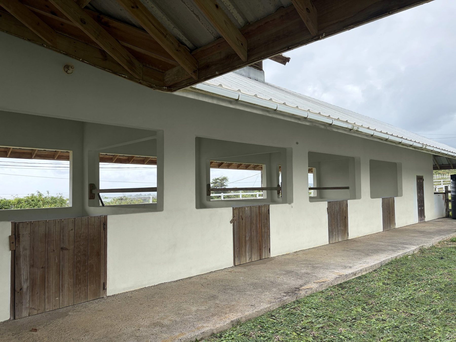 The stable building at Darlingford Farm, with open studio windows, wooden half doors and a lawn